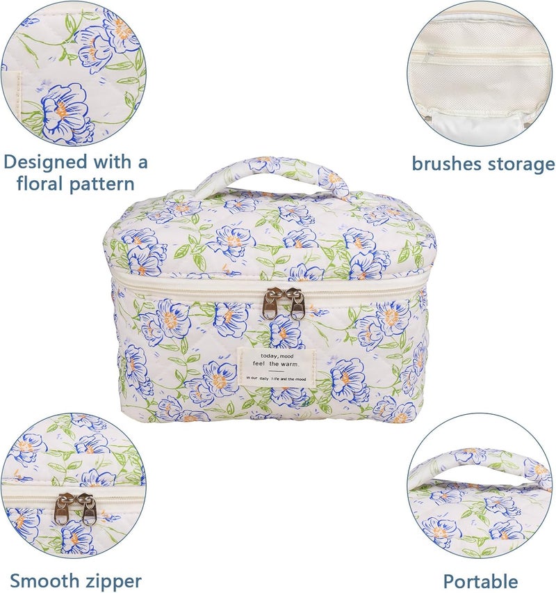 Gosect Large Makeup Bag, Cute Cosmetic Bag for Women Girls, Floral Coquette Aesthetic Toiletry Bag, Travel Make Up Organizer Bag (light blue) - Image 4